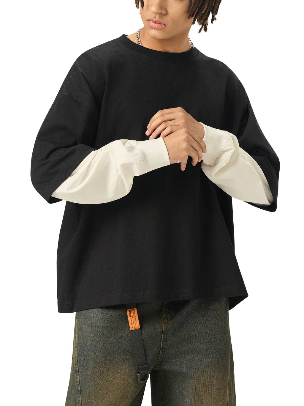 BX Layered Contrast Sleeve Cotton T-Shirt