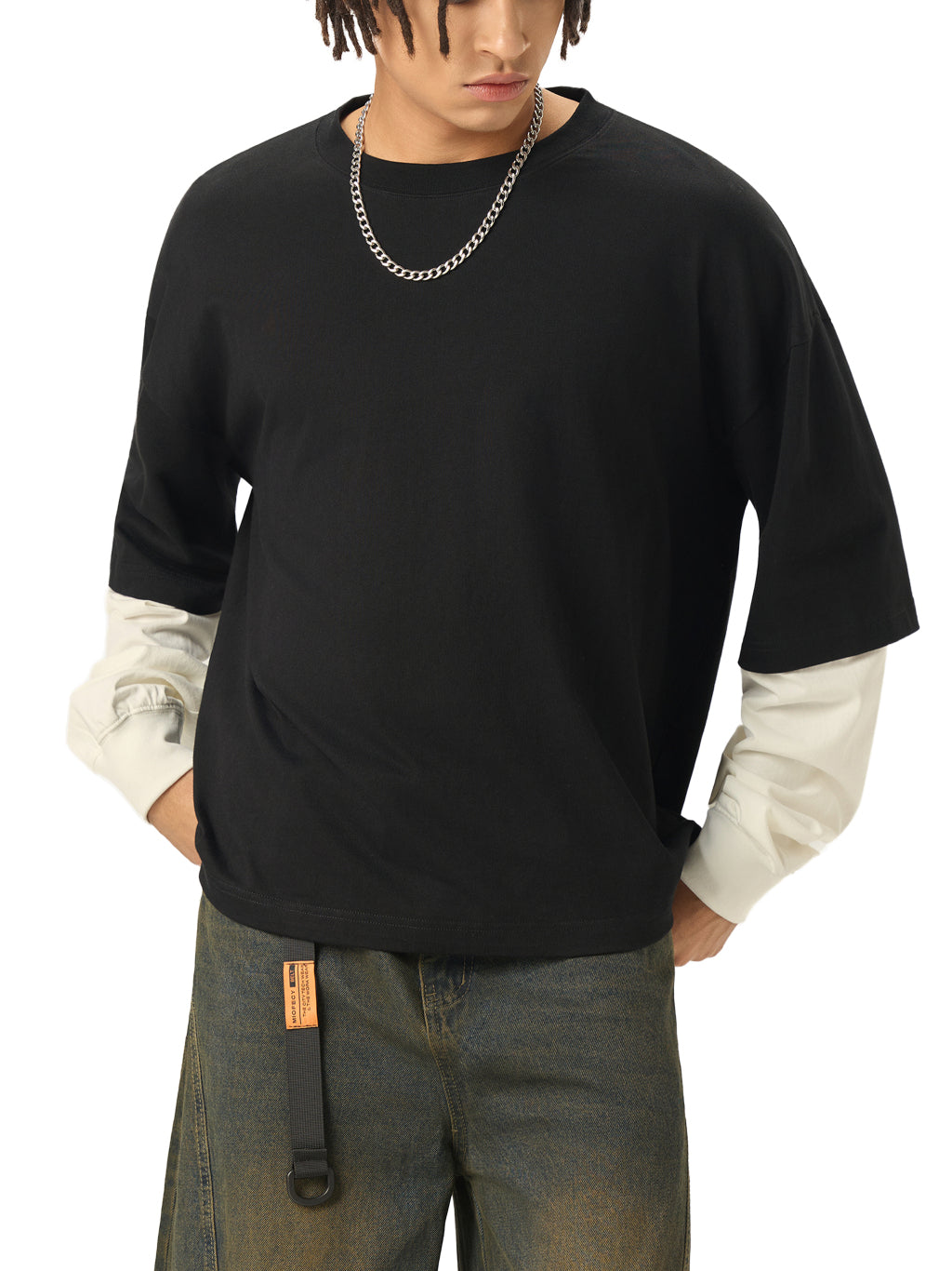 BX Layered Contrast Sleeve Cotton T-Shirt