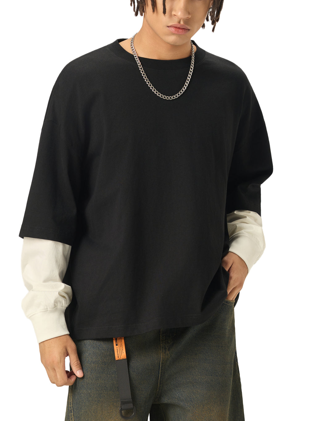 BX Layered Contrast Sleeve Cotton T-Shirt
